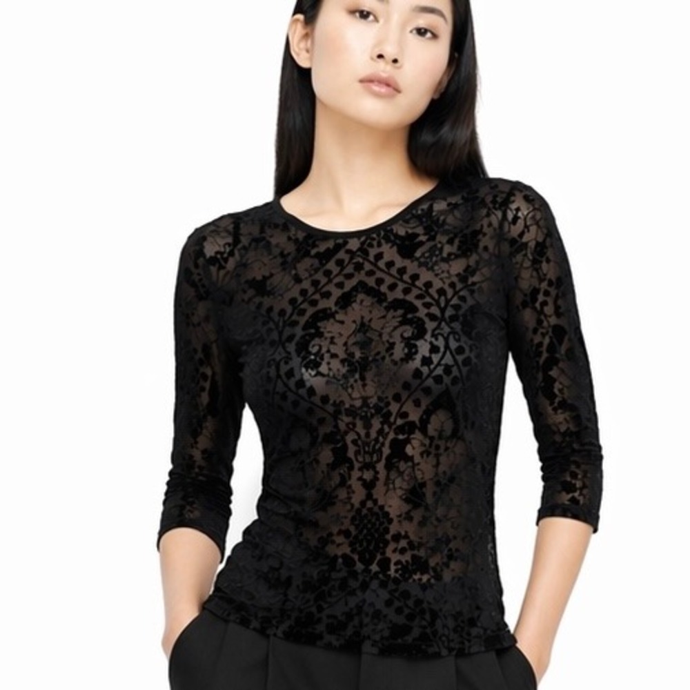 Vtg Gianfranco Ferre Womens Sheer Mesh Top‎ Black M Damask Flocked Goth Italy